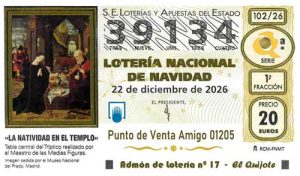 Décimo del numero 39134 de Lotería de Navidad 2026 Loteriasyapuestas El Quijote