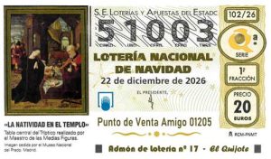 Décimo del numero 51003 de Lotería de Navidad 2026 Loteriasyapuestas El Quijote