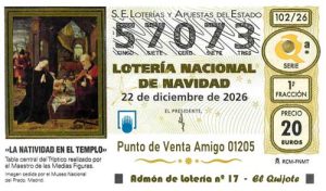 Décimo del numero 57073 de Lotería de Navidad 2026 Loteriasyapuestas El Quijote