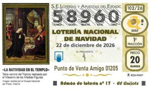 Décimo del numero 58960 de Lotería de Navidad 2026 Loteriasyapuestas El Quijote