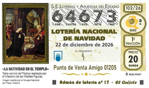 Décimo del numero 64673 de Lotería de Navidad 2026 Loteriasyapuestas El Quijote
