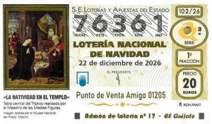 Décimo del numero 76361 de Lotería de Navidad 2026 Loteriasyapuestas El Quijote