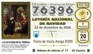 Décimo del numero 76396 de Lotería de Navidad 2026 Loteriasyapuestas El Quijote
