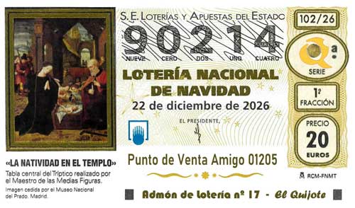 Décimo del numero 90214 de Lotería de Navidad 2026 Loteriasyapuestas El Quijote