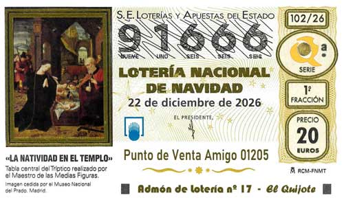 Décimo del numero 91666 de Lotería de Navidad 2026 Loteriasyapuestas El Quijote