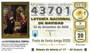 Décimo del numero 43701 de Lotería de Navidad 2026 Loteriasyapuestas El Quijote