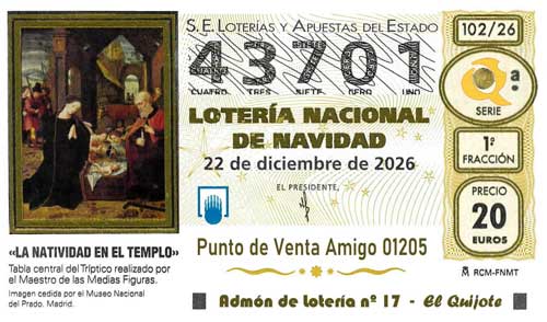 Décimo del numero 43701 de Lotería de Navidad 2026 Loteriasyapuestas El Quijote