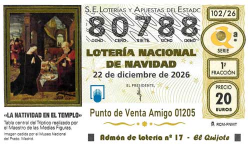 Décimo del numero 80788 de Lotería de Navidad 2026 Loteriasyapuestas El Quijote
