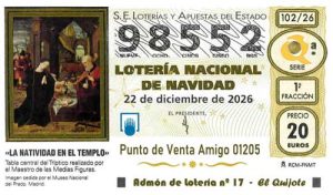Décimo del numero 98552 de Lotería de Navidad 2026 Loteriasyapuestas El Quijote