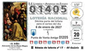 Décimo del número 01405 de Lotería del Niño 2027 Loteriasyapuestas El Quijote