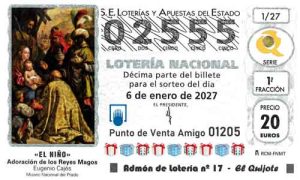 Décimo del número 02555 de Lotería del Niño 2027 Loteriasyapuestas El Quijote