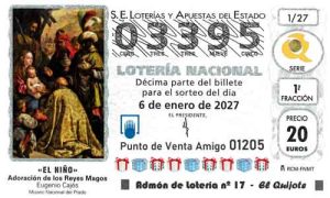 Décimo del número 03395 de Lotería del Niño 2027 Loteriasyapuestas El Quijote