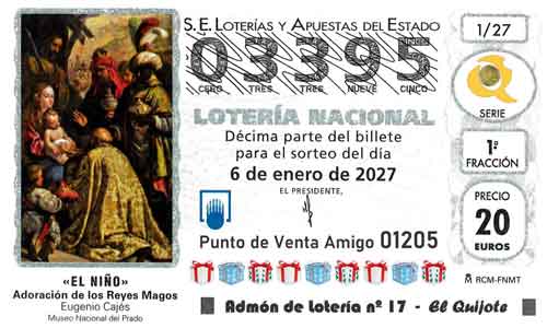 Décimo del número 03395 de Lotería del Niño 2027 Loteriasyapuestas El Quijote