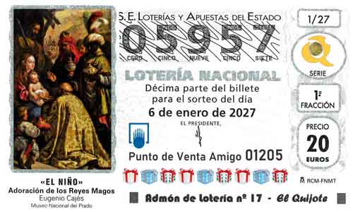 Décimo del número 05957 de Lotería del Niño 2027 Loteriasyapuestas El Quijote