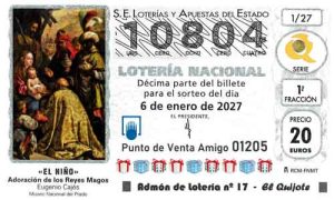 Décimo del número 10804 de Lotería del Niño 2027 Loteriasyapuestas El Quijote