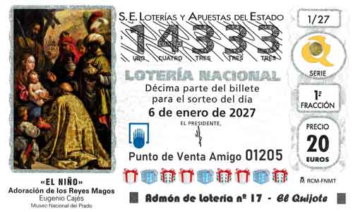 Décimo del número 14333 de Lotería del Niño 2027 Loteriasyapuestas El Quijote