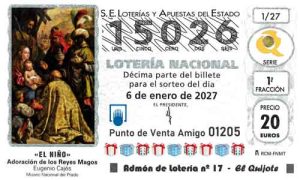 Décimo del número 15026 de Lotería del Niño 2027 Loteriasyapuestas El Quijote