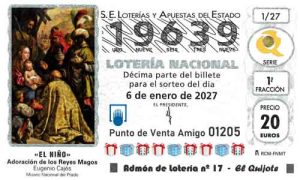 Décimo del número 19639 de Lotería del Niño 2027 Loteriasyapuestas El Quijote