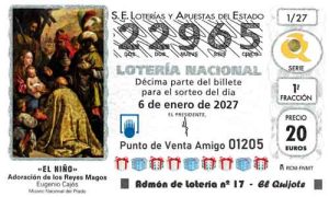 Décimo del número 22965 de Lotería del Niño 2027 Loteriasyapuestas El Quijote