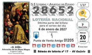 Décimo del número 28652 de Lotería del Niño 2027 Loteriasyapuestas El Quijote