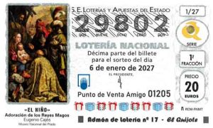 Décimo del número 29802 de Lotería del Niño 2027 Loteriasyapuestas El Quijote