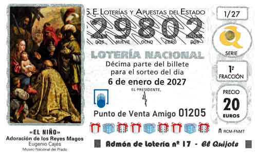 Décimo del número 29802 de Lotería del Niño 2027 Loteriasyapuestas El Quijote