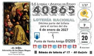 Décimo del número 40865 de Lotería del Niño 2027 Loteriasyapuestas El Quijote