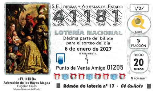 Décimo del número 41181 de Lotería del Niño 2027 Loteriasyapuestas El Quijote