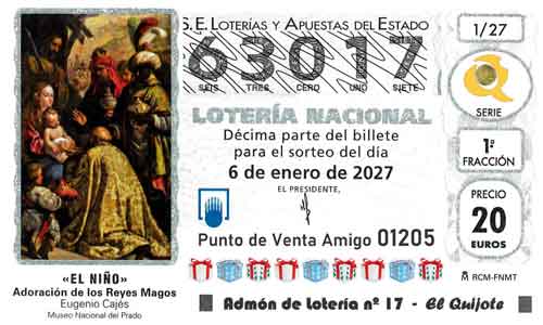 Décimo del número 63017 de Lotería del Niño 2027 Loteriasyapuestas El Quijote