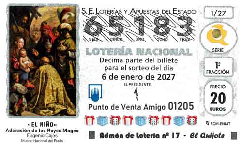 Décimo del número 65183 de Lotería del Niño 2027 Loteriasyapuestas El Quijote