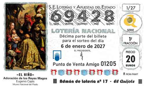 Décimo del número 69428 de Lotería del Niño 2027 Loteriasyapuestas El Quijote