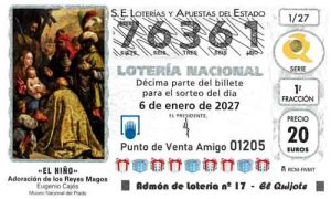 Décimo del número 76361 de Lotería del Niño 2027 Loteriasyapuestas El Quijote