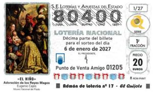 Décimo del número 80400 de Lotería del Niño 2027 Loteriasyapuestas El Quijote