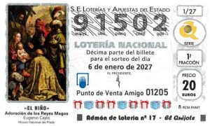 Décimo del número 91502 de Lotería del Niño 2027 Loteriasyapuestas El Quijote