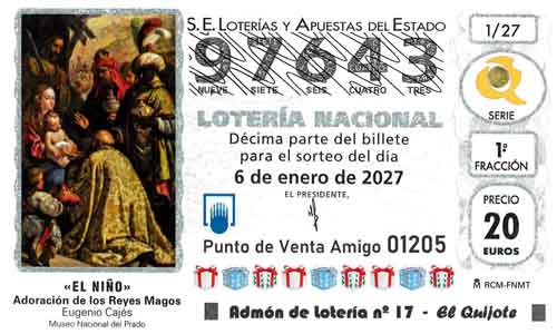 Décimo del número 97643 de Lotería del Niño 2027 Loteriasyapuestas El Quijote